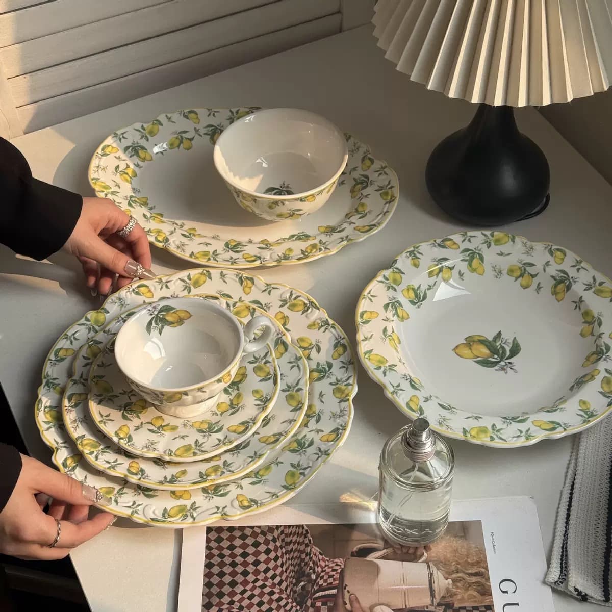 French Vintage Lace Lemon Ceramic Tableware Dessert Plate Dinner Plate Breakfast Salad Plate Coffee Cup and Saucer Wholesale