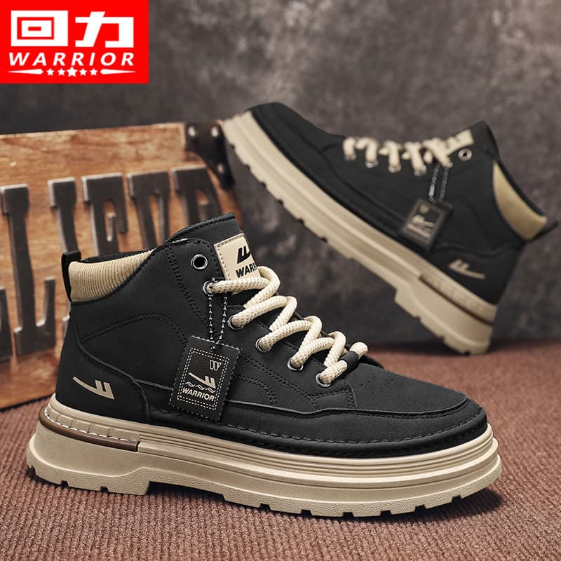 Warrior Martin Boots Men's Winter Retro British Style Work Boots, Thick-Sole Height-Increasing Fleece-Lined Warm Snow Cotton Shoes