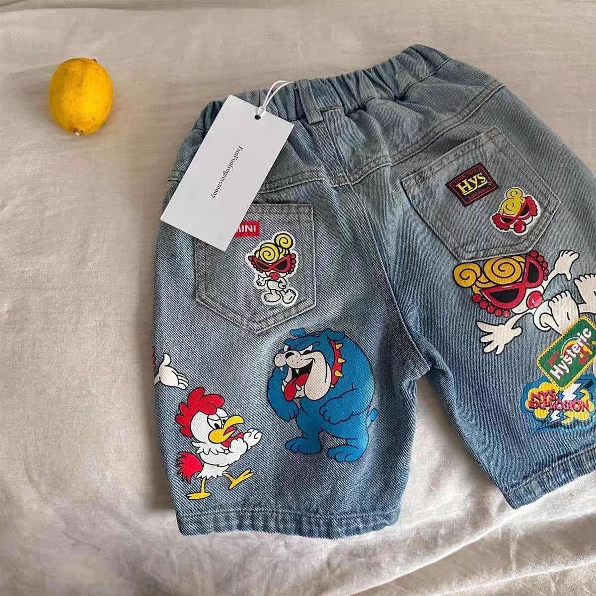Children's shorts 25 summer boys and girls Japanese style black super nipple denim casual pants baby children cartoon five-quarter pants trendy