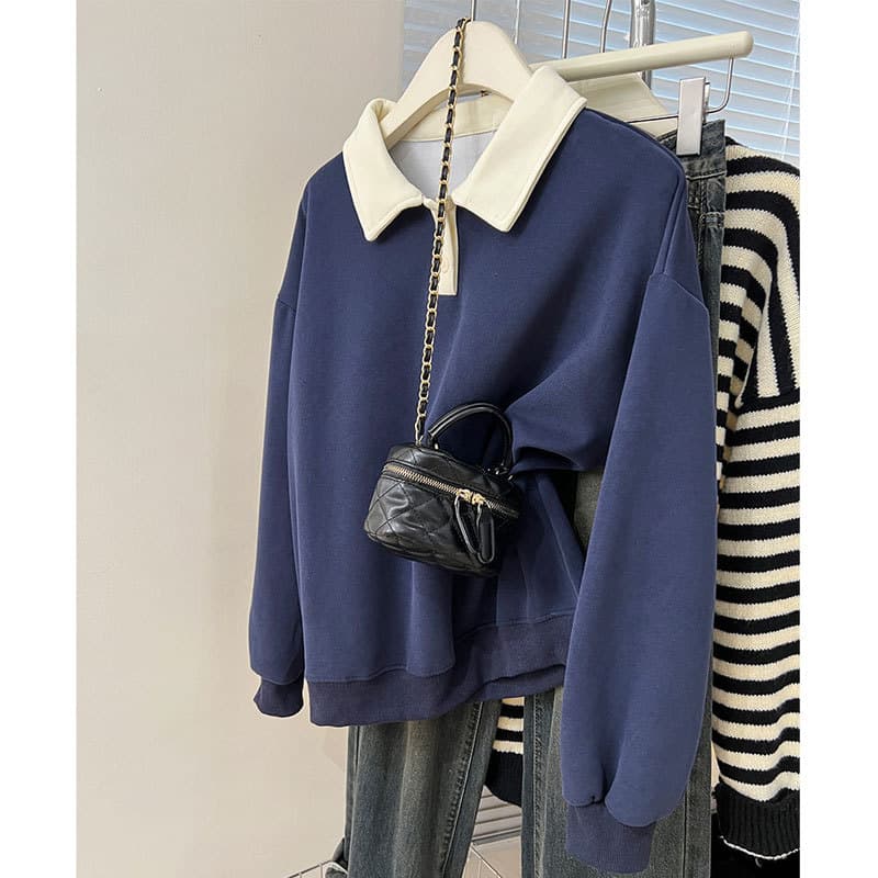 American Retro Color-Block Polo Collar Sweatshirt for Women 2025 New Spring/Autumn Design Sense Loose Long Sleeve Top Trendy