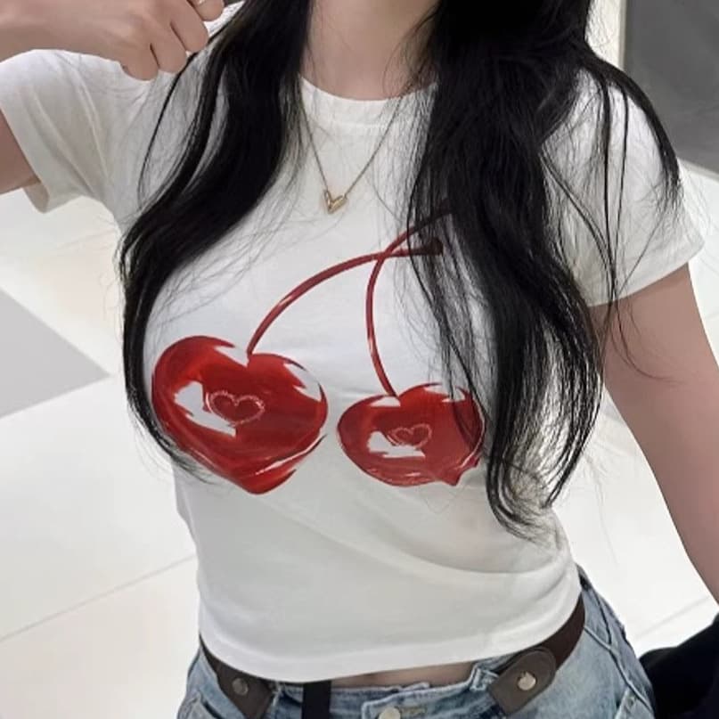 Korean Style Trendy Sweet Cherry Print Short-Sleeved T-Shirt for Women, American Slim Fit Hot Girl White Basic Top Wholesale