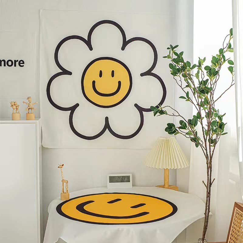 Korean Cartoon Smiley Face Sunflower Decoration Cloth Hanging Cloth Cute Smiley Healing Background Wall Cloth Decor