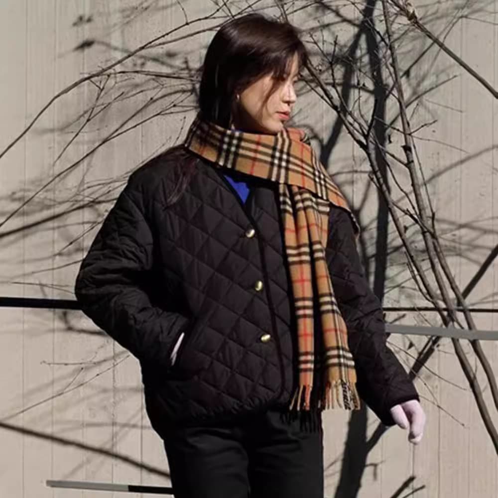 In Stock Modest Mood Black V-Neck Jacket New Korean Style Plaid Single-Breasted Short Padded Coat for Women