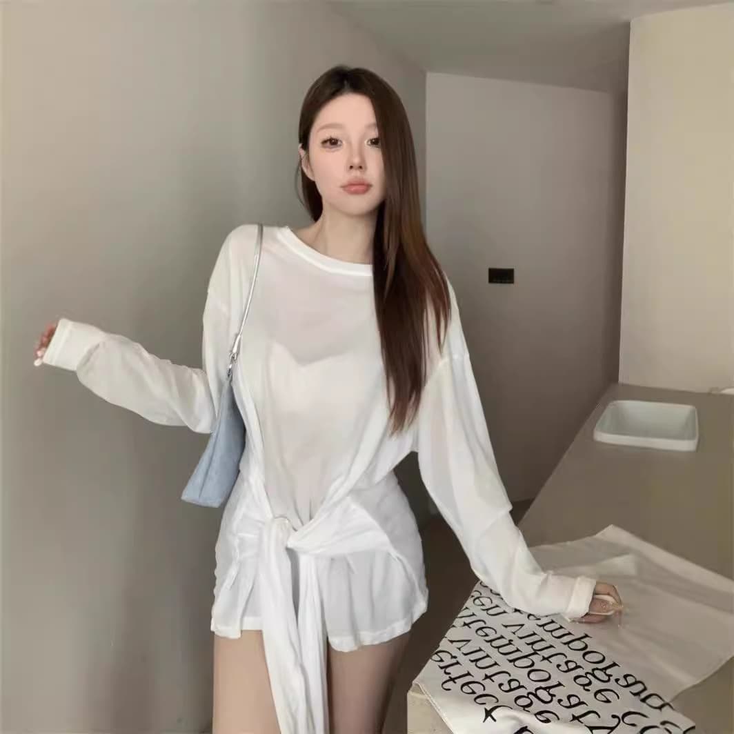 Design Sense Lace-up Fake Two-piece Sunscreen T-shirt Women's Summer New Loose Lace-up Waist Lightweight Long-sleeved Top