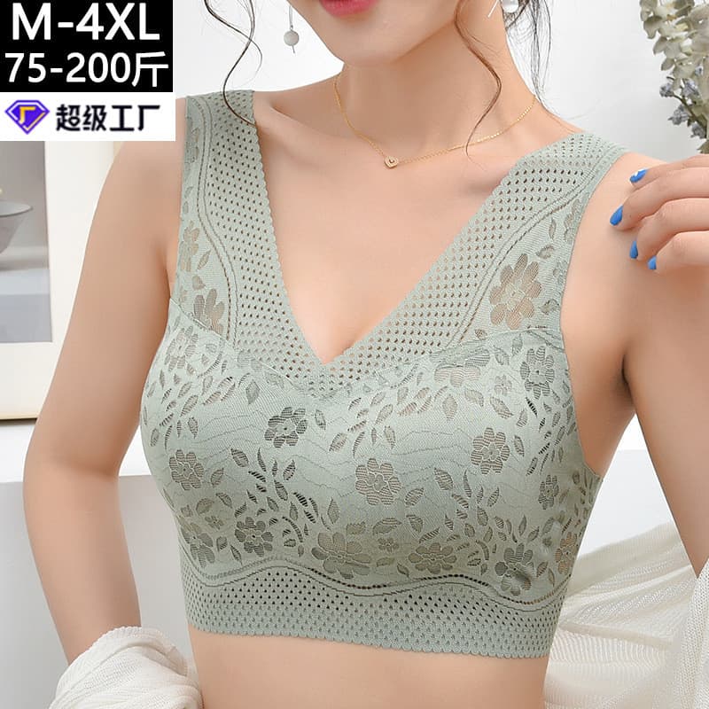 Summer Lace Backless Tank Top Women's Gathered Wireless with Chest Pad Base Large Size Seamless Bra Underwear Breathable Comfortable