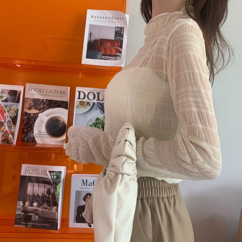 Early autumn high-neck pleated lace shirt for women, piano pattern bubble lace top for inner wear and outer wear, sexy slightly see-through bottoming shirt