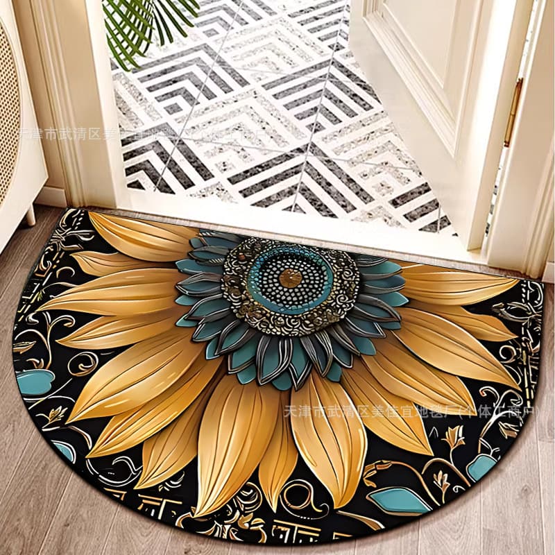 Floral Print Half-Circle Entrance Mat Water Absorbent Dirt Resistant Polyester Fiber Bathroom Door Mat Home Decor Rug