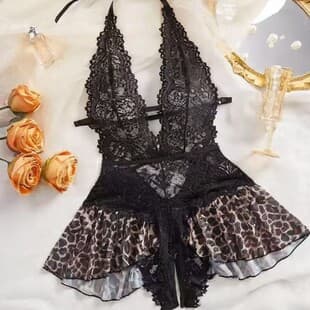 Sexy Lace Mesh Lingerie Plus Size Babydoll with Suspender Garters Leopard Print Nightgown