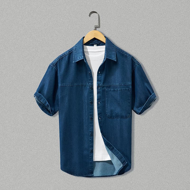 M103 men's new summer denim short-sleeved casual shirt, simple, handsome, loose and versatile denim solid color shirt