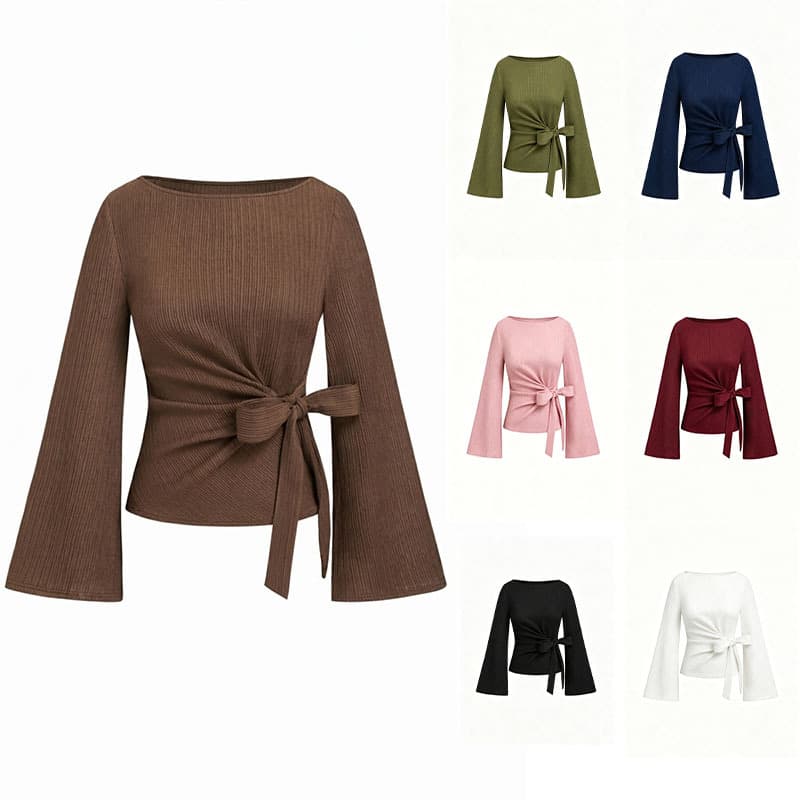 2026 Autumn Cross-Border European and American Style Off-Shoulder Ribbed Knit Top with Side Tie Waist Flared Long Sleeves Slim Fit