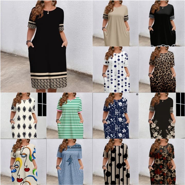 European and American Women's Fashion 2025 Summer New Comfortable Round Neck Pocket Elegant Contrast Color Short Sleeve Dress