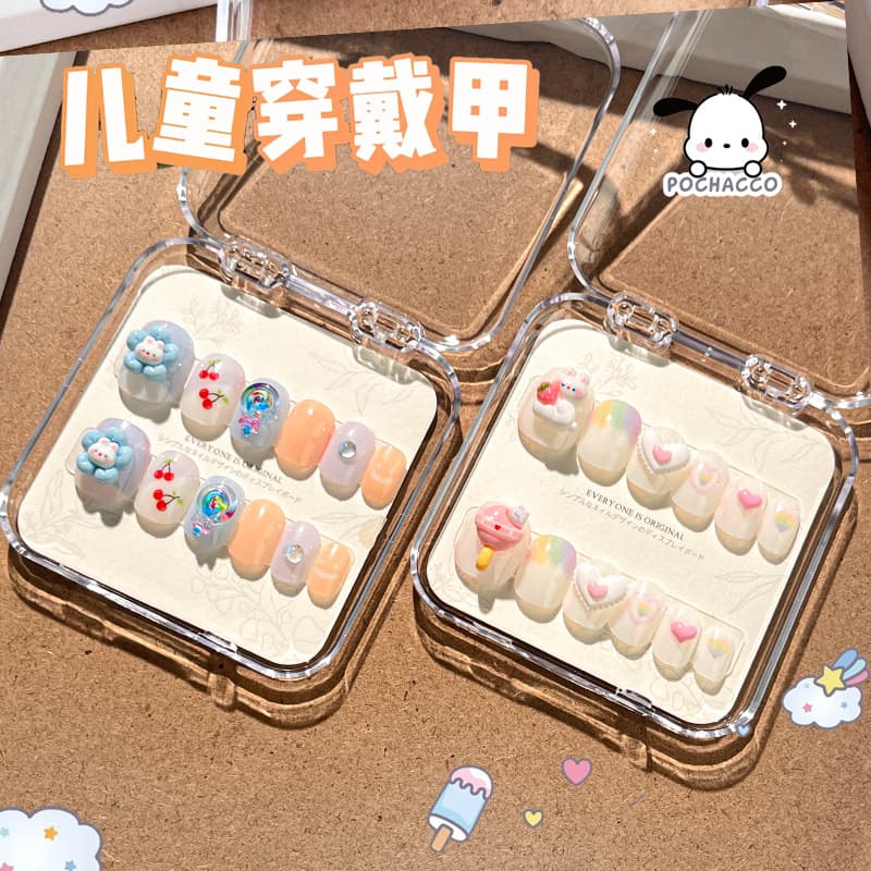 Children's DIY Wearable Nail Art Cartoon Design with Accessories Finished Nail Tips False Nails Butterfly Knot Sweet Style