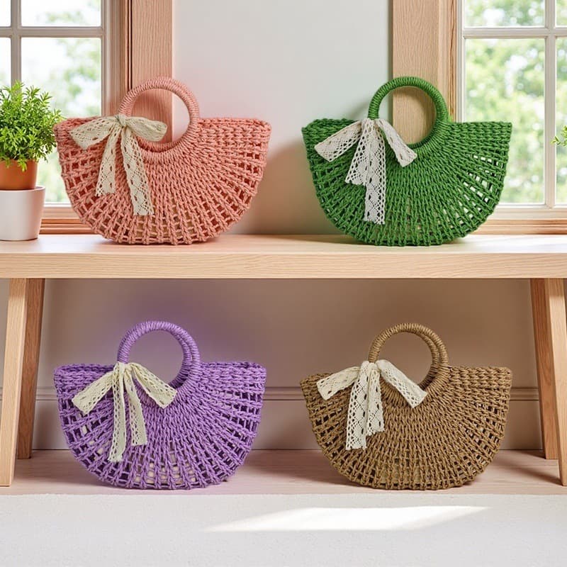 2026 New Candy Color Straw Hand-Woven Bag Hollow Semi-Circle Fan Shape Handbag Casual Vacation Beach Women's Bag