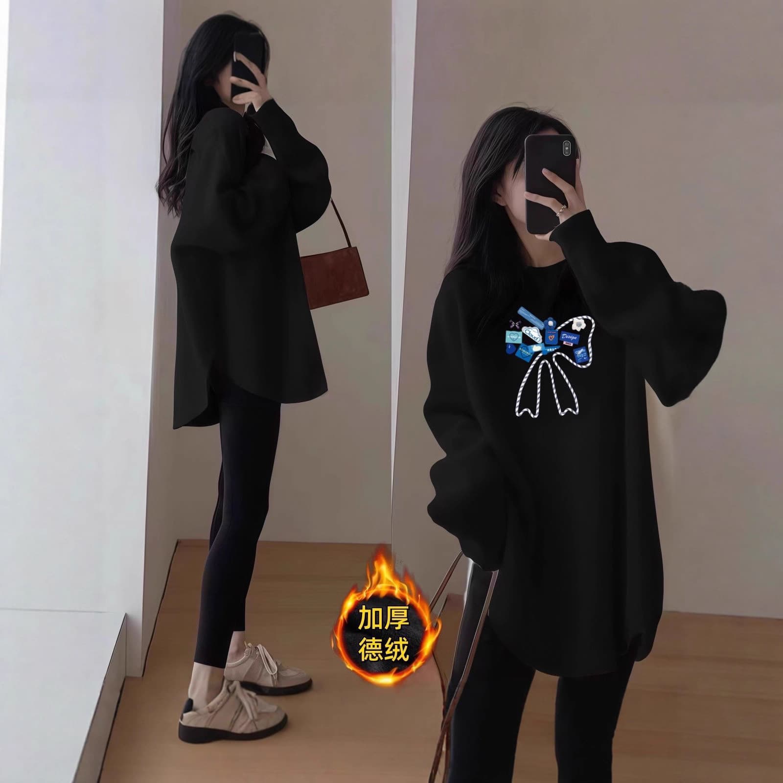 Thermal Base Layer Top Women's Round Neck German Velvet Long Sleeve T-Shirt Women Autumn Winter Mid-Length Loose Figure-Flattering Plus Size