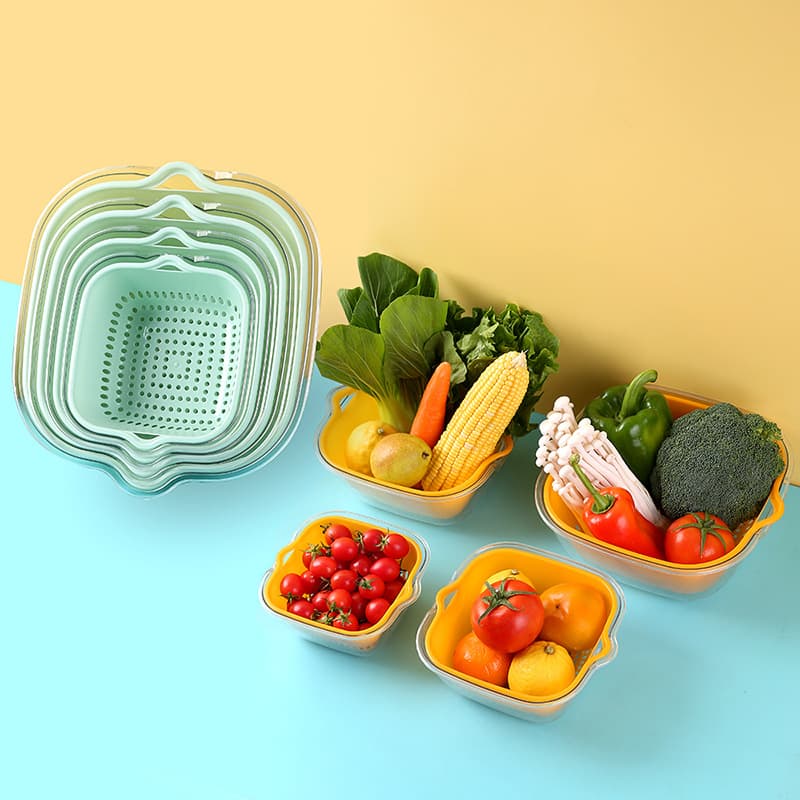 PET Double-Layer Colorful Vegetable Drain Basket, Kitchen and Living Room Plastic Fruit Bowl with Filter
