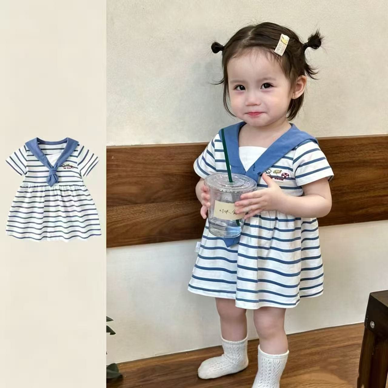 Infant and toddler skirts, girls' navy collar striped short-sleeved dresses, children's skirts, baby summer costumes, new styles