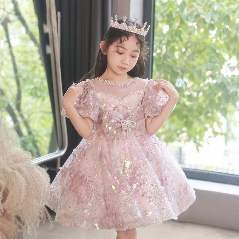 Children's Formal Dress Flower Girl High-End Little Host Pink Sequined Princess Dress Children's Piano Performance Outfit Spring/Autumn