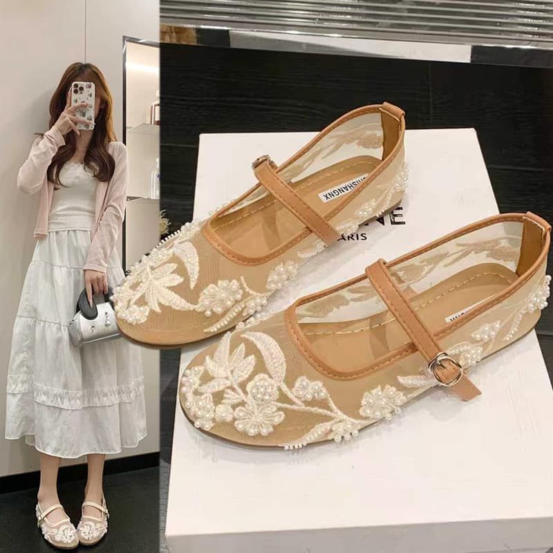 Mesh breathable flat bottom national style Mary Jane shoes for women 2026 summer new style embroidered beading soft bottom ballet sandals