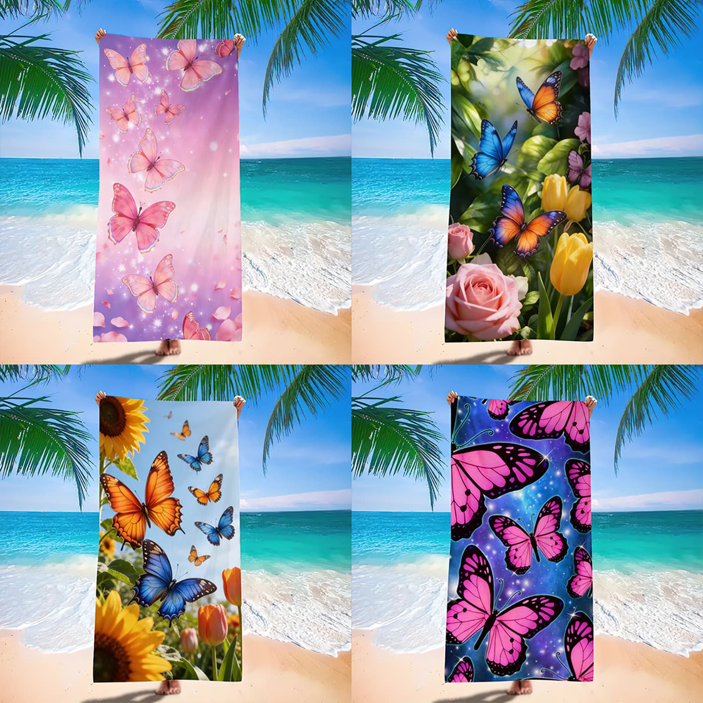 New Cross-Border Microfiber Butterfly Print Beach Towel, Quick-Dry for Seaside Travel, Swimming, and Bathing