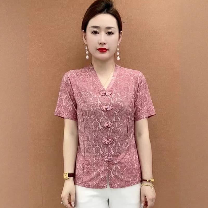 New Chinese-style Mother's Top Women's Summer 2025 New Arrival Elegant Middle-aged and Elderly Women's Top with Frog Button Vintage Style T-Shirt