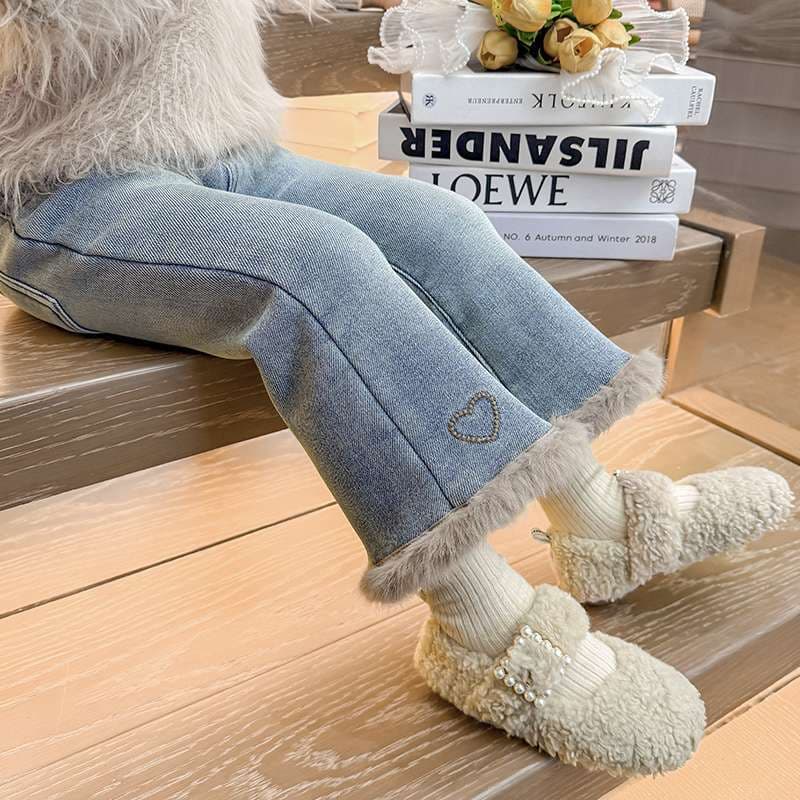 Girls' Fleece-Lined Jeans Children's Thick Pants Little Girls Winter Flared Pants One Pair for Winter Baby Casual Pants