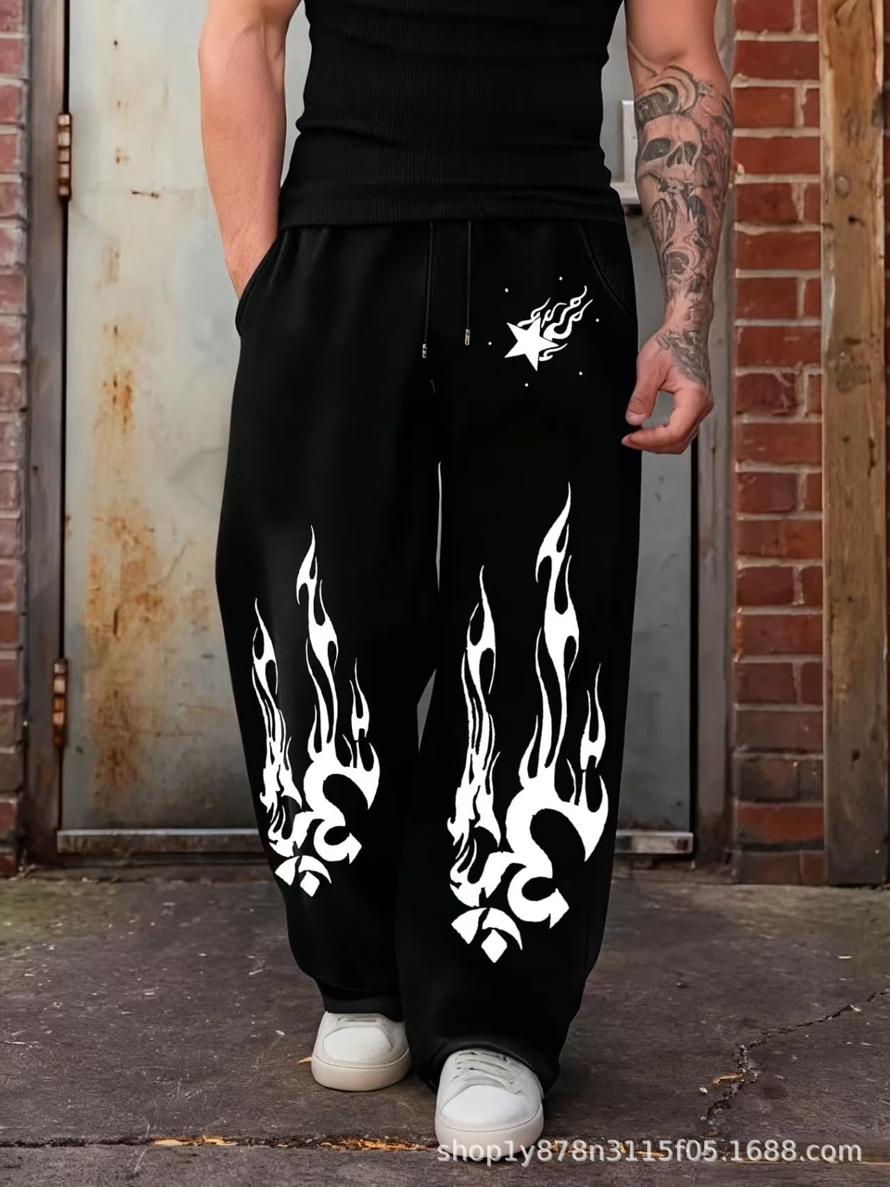 Spring/Autumn New Y2K Dark Gothic Print Loose Fit Slimming Unisex Drawstring Sweatpants Wide Leg