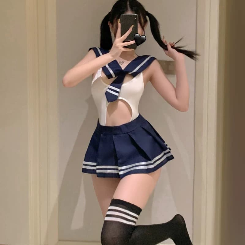 Sexy Lingerie Cute School Open Crotch Bodysuit JK Uniform Set Gymnastics Outfit Women's Sleepwear Costume Temptation