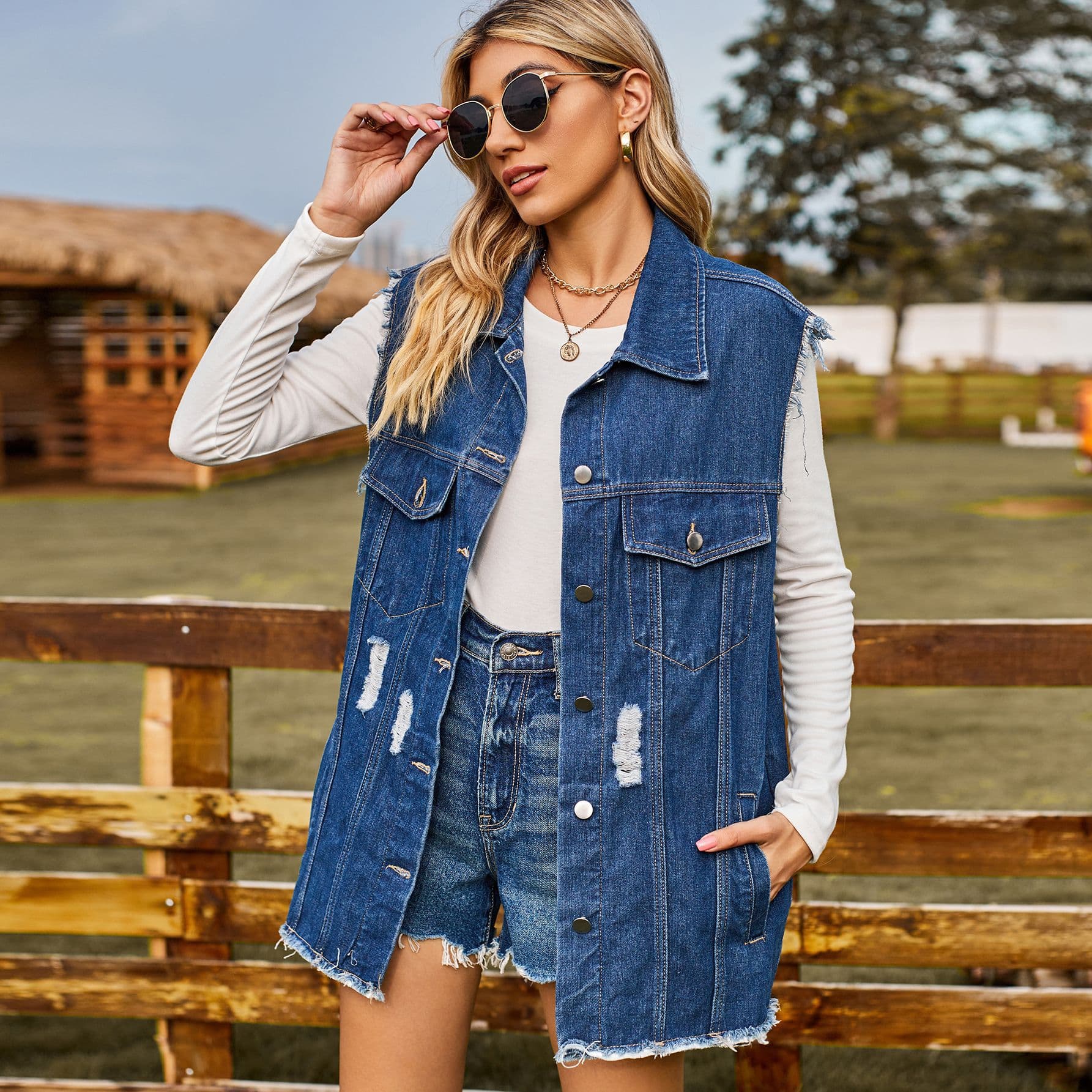 New Summer Fashion Denim Vest for Women, Amazon Cross-Border European and American Style, Sleeveless Denim Vest WISH