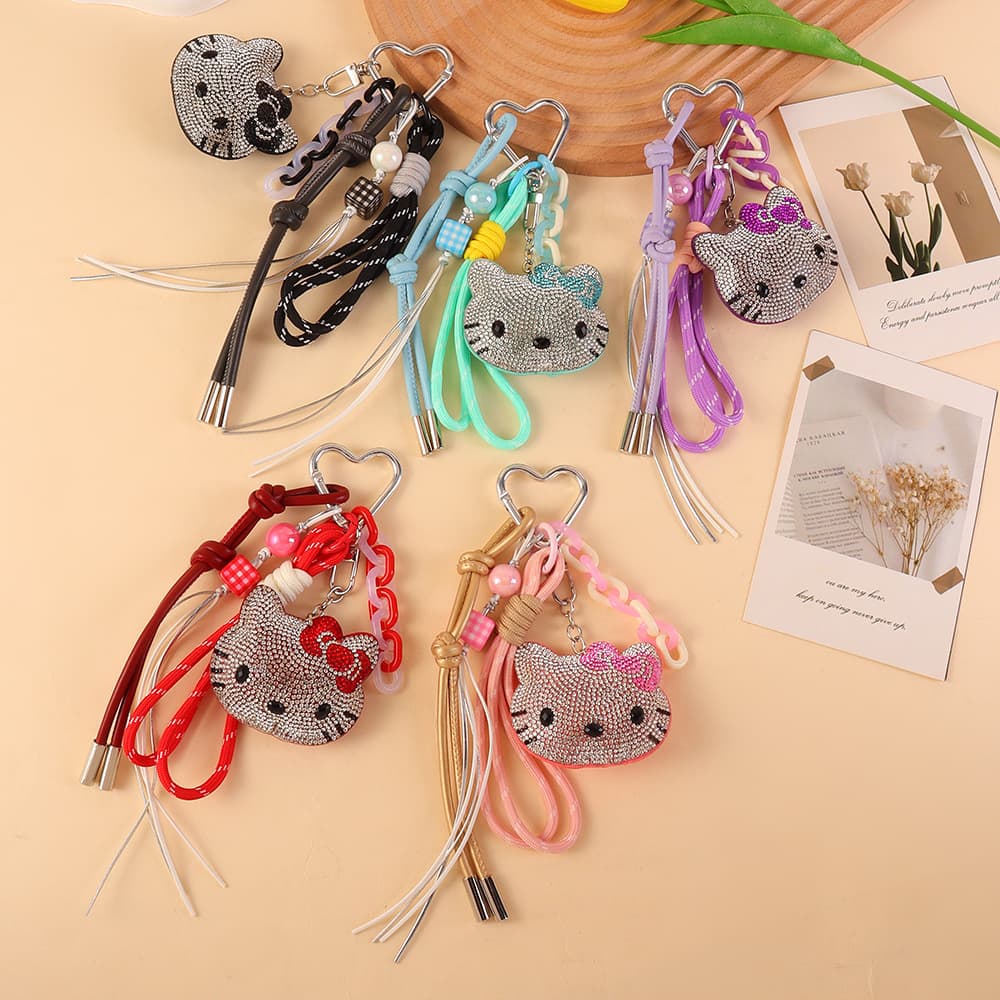 New Hot-Selling Rhinestone Kitty Cat Heart Keychain Tassel Style Fashion Bag Charm Cartoon Rhinestone Pendant