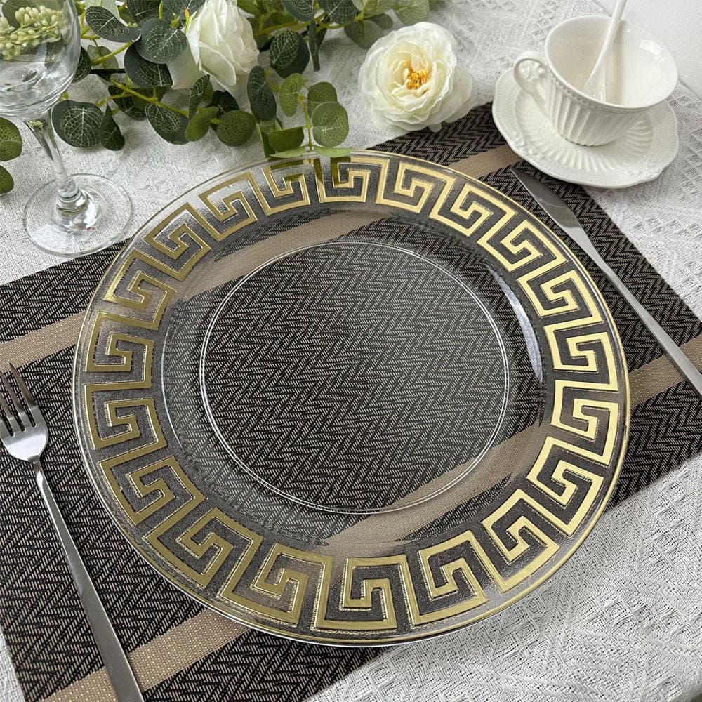 High-End Gold Foil Edge Transparent Charger Plate for Western Dining, Decorative Plate, Wholesale Fruit Plate, Hotel Wedding Charger Plate