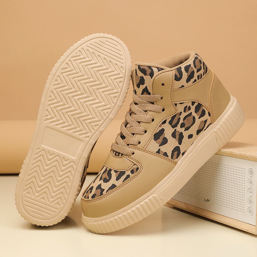 Women's Leopard Print Cross-Border Lace-Up Flat Casual Shoes, Lightweight, Breathable, Comfortable