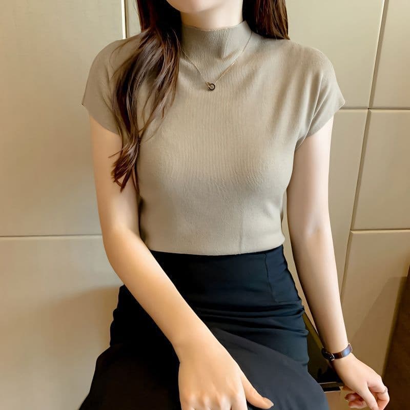 2025 Summer New Ice Silk Knitwear Women's Short Sleeve Slim Semi-High Neck Base Layer Large Size Thin T-Shirt Top