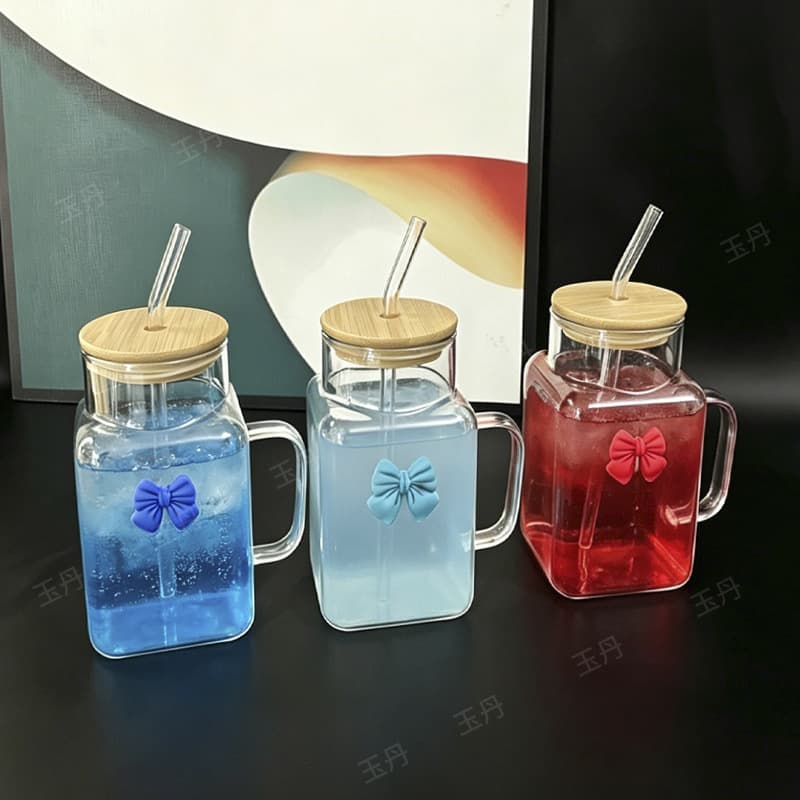 Thickened Square High Borosilicate Glass Cup with Bamboo Wood Lid, Straw, Handle, High Temperature Resistant, Bow Decoration, Women's Cup