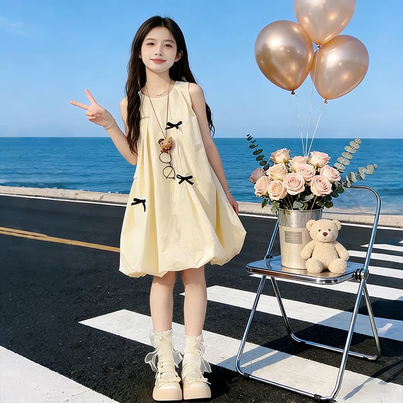 Girls' Dress 2026 New Style Fashionable Summer Dress for Children Big Kids Bubble Skirt Sweet Summer Wear
