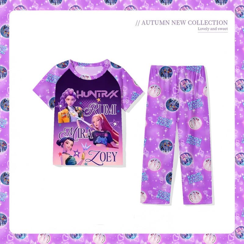 2026 Kids Pajamas for Girls Summer Short Sleeve Long Pants Thin Cartoon Little Girls Homewear Set