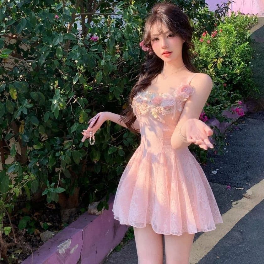 French-Style Garden Pure Desire Dreamland Summer Sweet Floral New Fairy Waist-Slimming Mesh Strap Dress