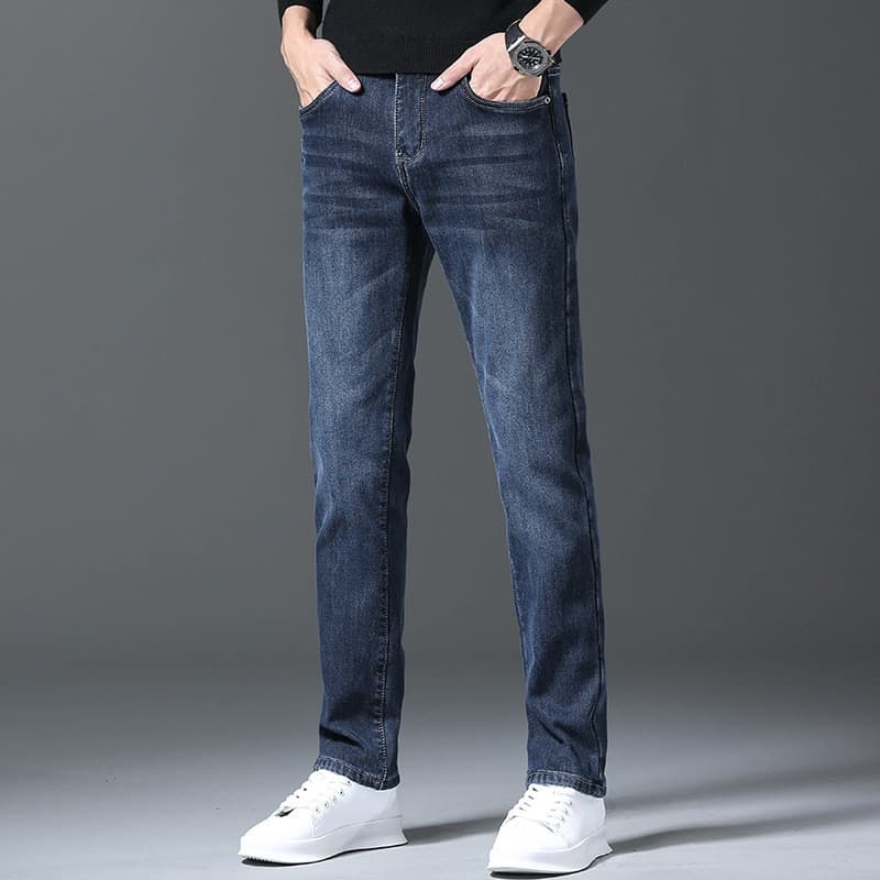 Men's Slim Fit Straight Leg Jeans Fleece Lined Thickened Casual Pants Autumn Winter Fashion Embroidery Youth Trendy Long Trousers