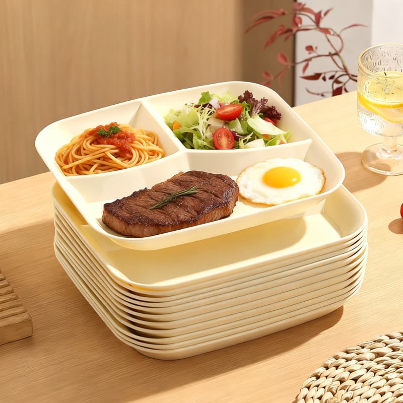 Square 3-Compartment Plate for Home Fast Food, Portion Control Plate, Divided Plate, Plastic Plate, Microwave-Safe Divided Food Plate