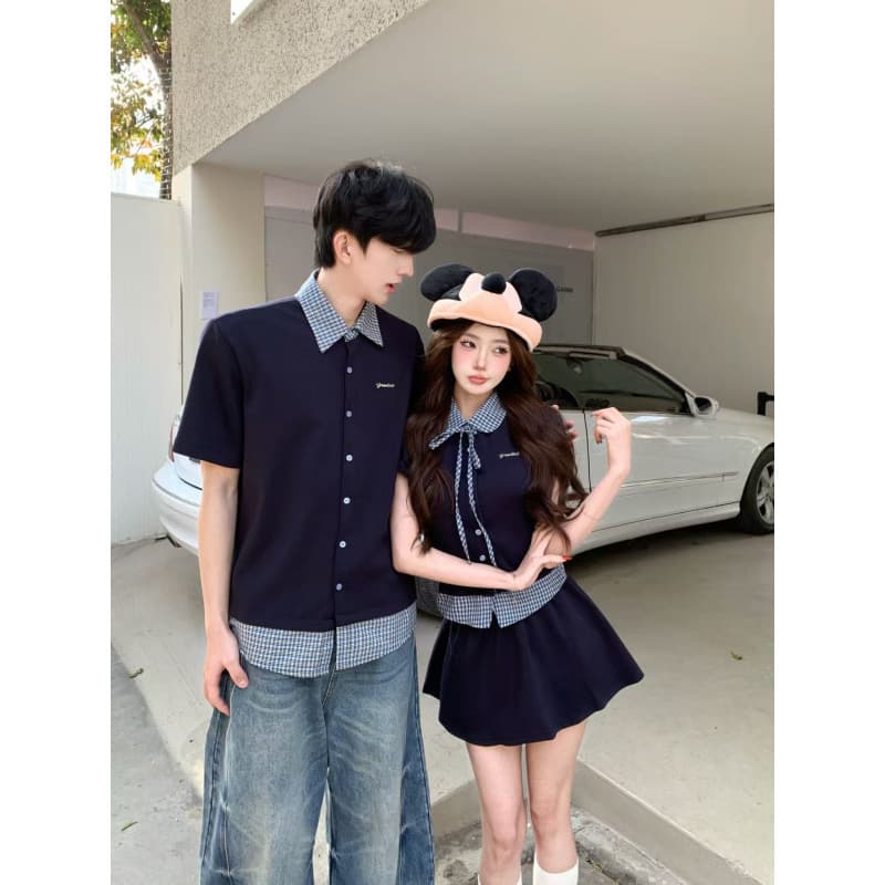 2026 Summer Vacation Two Piece Spliced Lapel Plaid Shirt Women's College Style Top Short Skirt Suit Couple