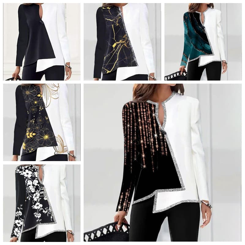 [2023 New Arrival] Spring/Autumn Digital Print V-Neck Asymmetric Hem 2414 Women's Long-Sleeve Sweatshirt T-Shirt