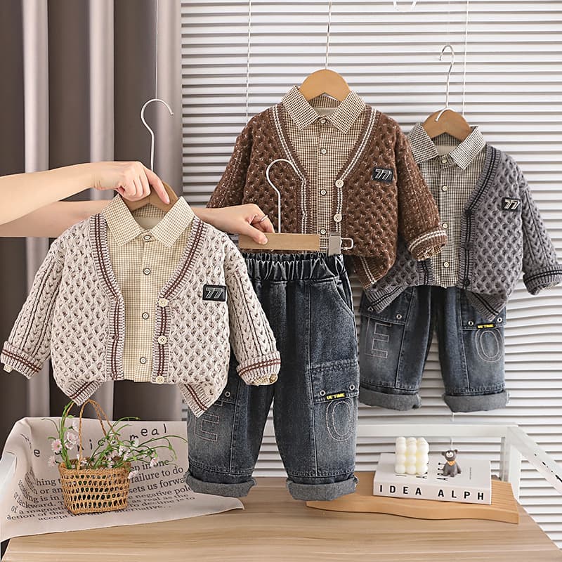 Fall Boys' Suit 2026 New Cool Stylish Baby Korean Spring Autumn Clothes Kids' Sweater Jacket 3-Piece Set