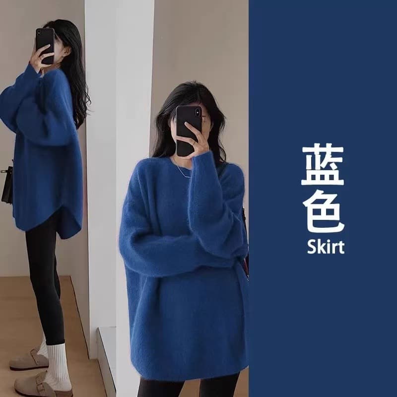 Blue Mid-Length Hip-Covering Knit Sweater, Lazy Style Winter Outfit, Trendy Top for Shark Pants