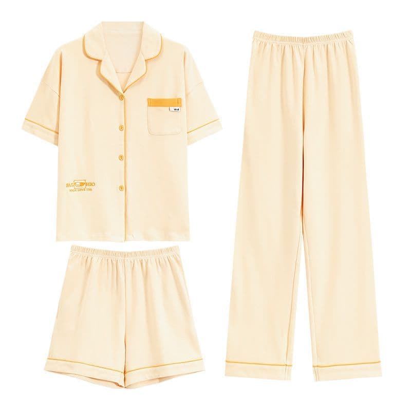 Women's Cotton Summer 3-Piece Sleepwear Set: Short Sleeve, Shorts, and Long Pants - Lightweight Fashionable Open-Front Lapel Loungewear