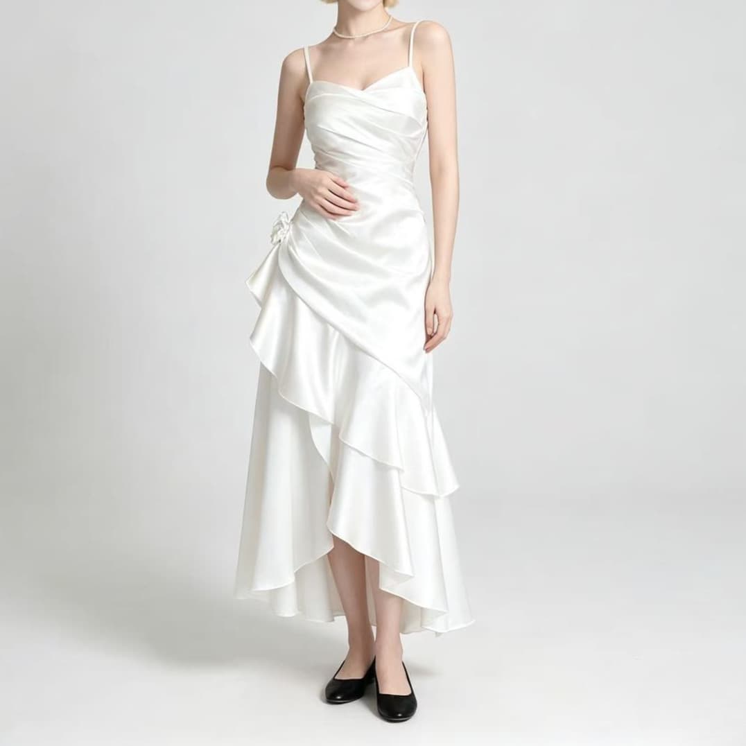 Niche Satin Camisole Dress Elegant White Dress Women's Irregular Fishtail Skirt