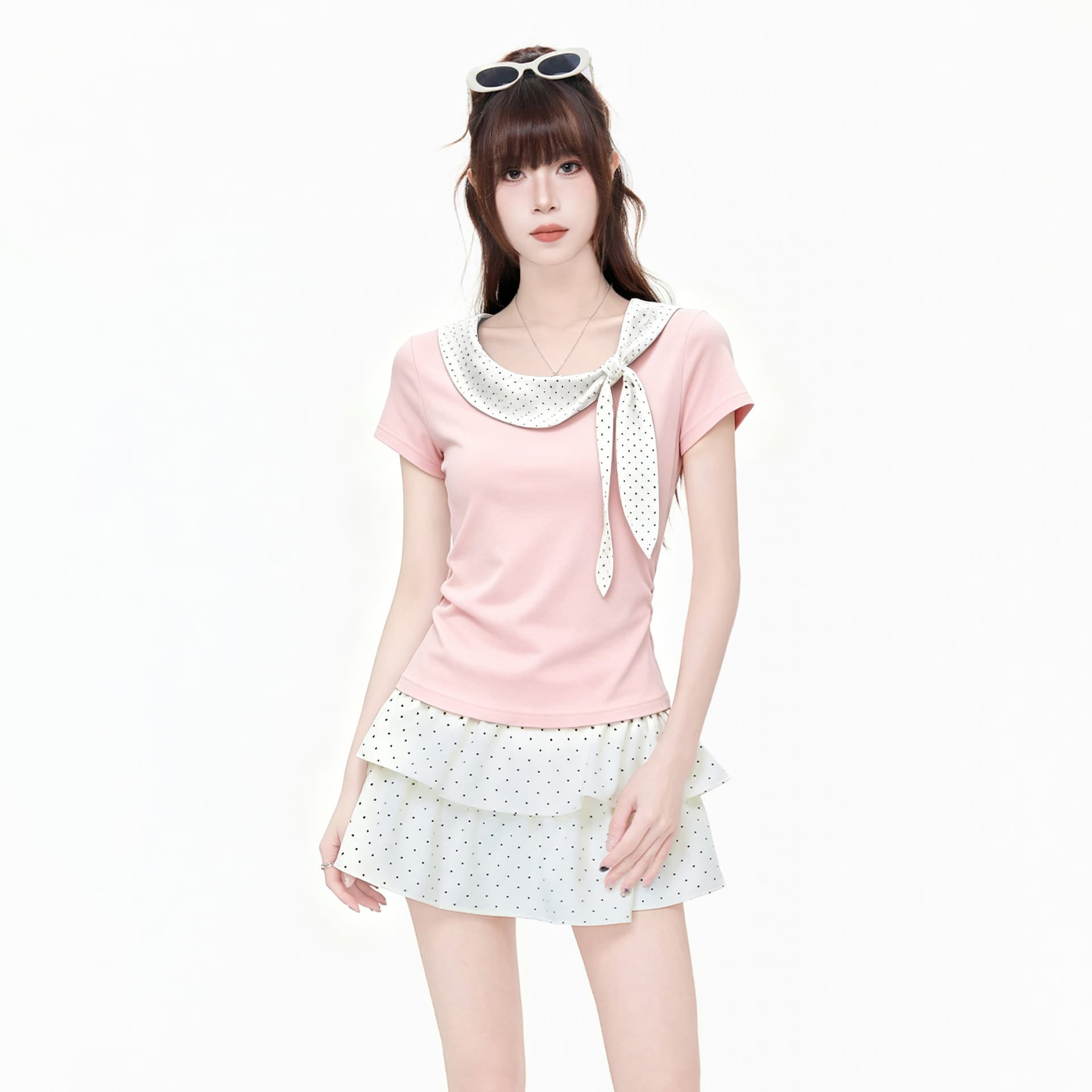 Korean-style designed pink polka dot bow tie short-sleeve T-shirt 2026 spring/summer new chic top women's clothing