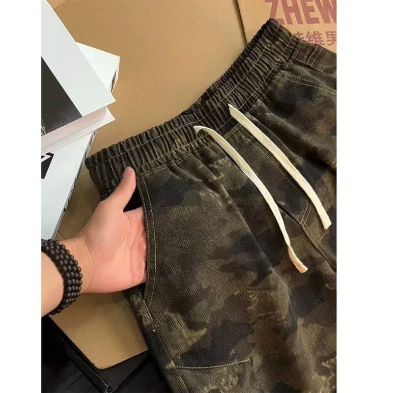 American retro pleated camouflage denim shorts men's summer washed drawstring work pants vibe loose five-quarter pants