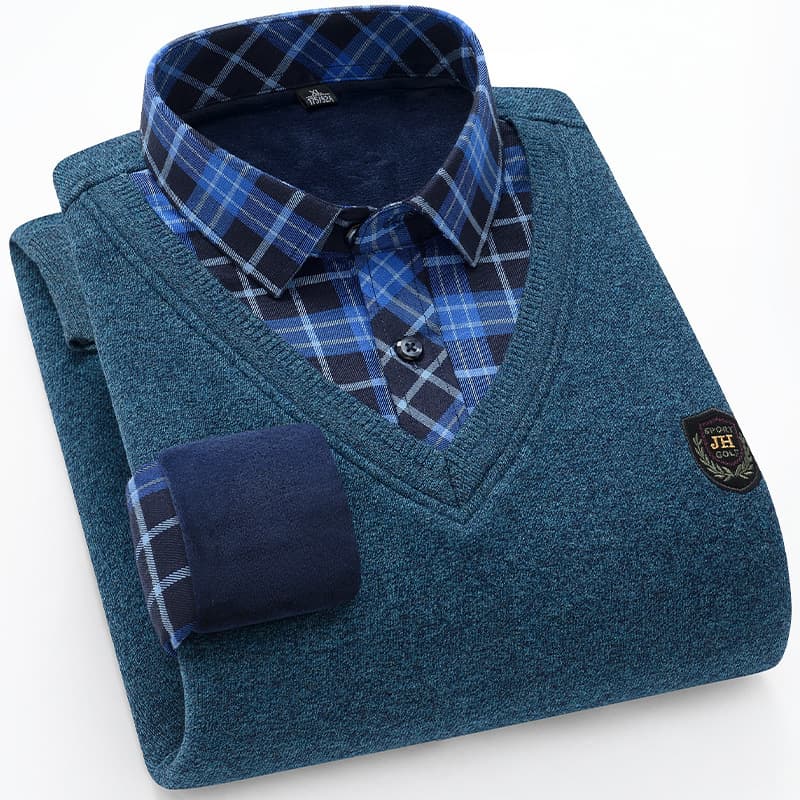 Fashionable men's autumn and winter knitted faux two-piece shirt with sweetheart neckline, fleece lining, thick and warm, father's top