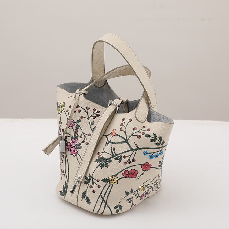 Top Grain Togo Cowhide Painted Market Tote Handbag Women Genuine Leather Leaf Pattern Ladies Bucket Bag