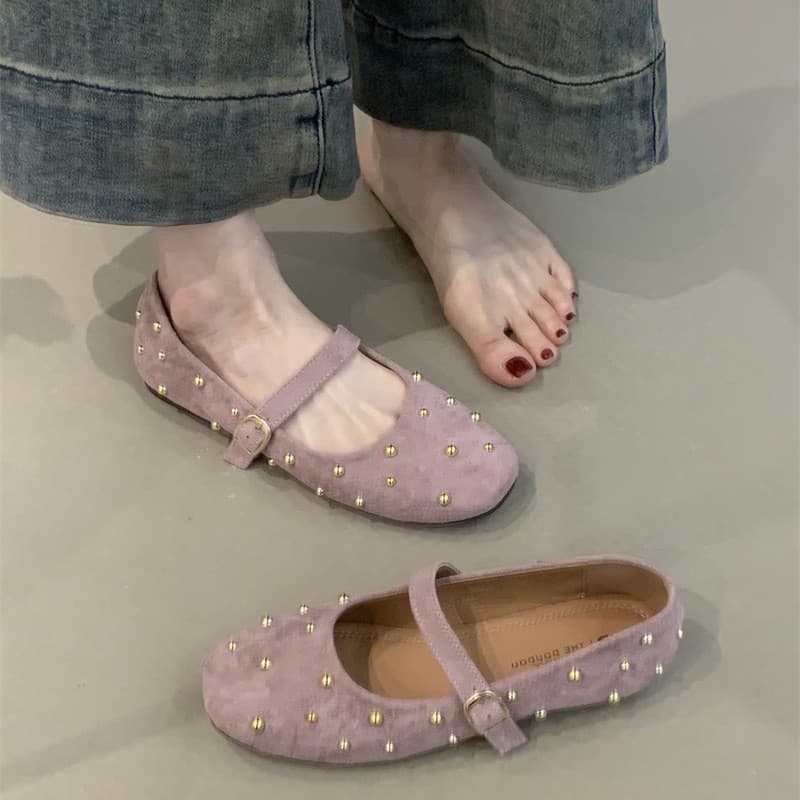 Brown Rivet Niche Mary Jane Shoes for Women 2025 Autumn and Winter New Style Woolen Round Toe Ballet Flats Retro Shoes