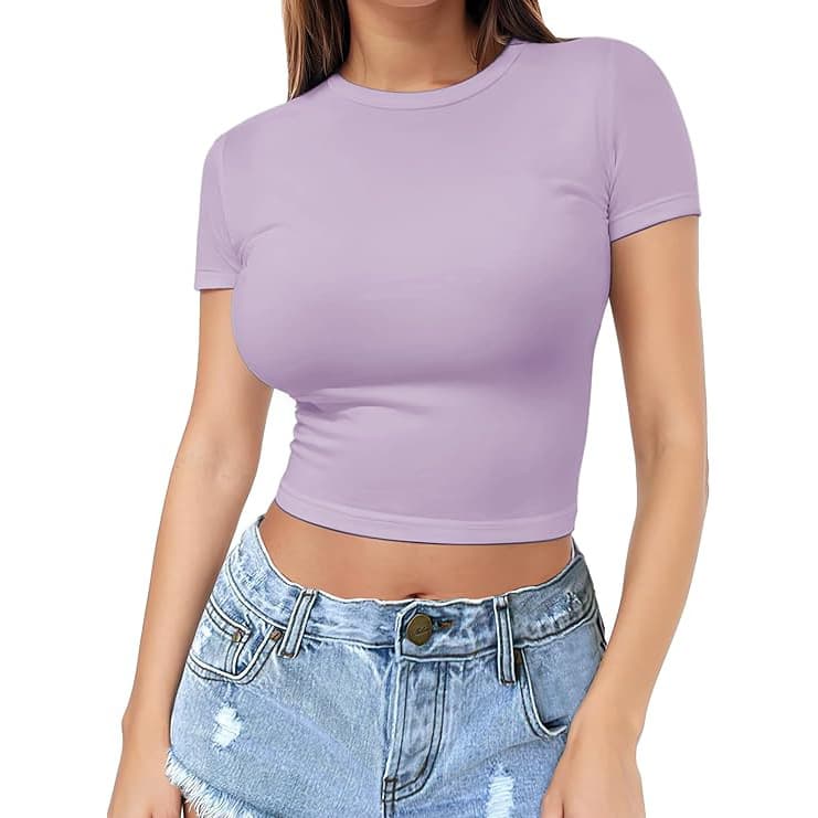 Cross-border European and American Women's Crop Top T-Shirt Summer Pullover Thin Round Neck Fashion Milk Silk Short Sleeve